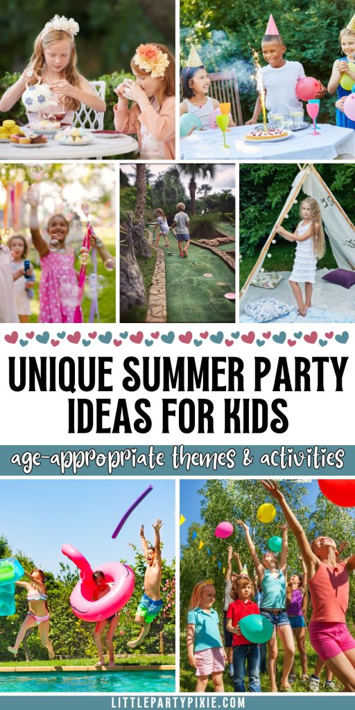 collage of images kids enjoying different types of summer parties outdoors