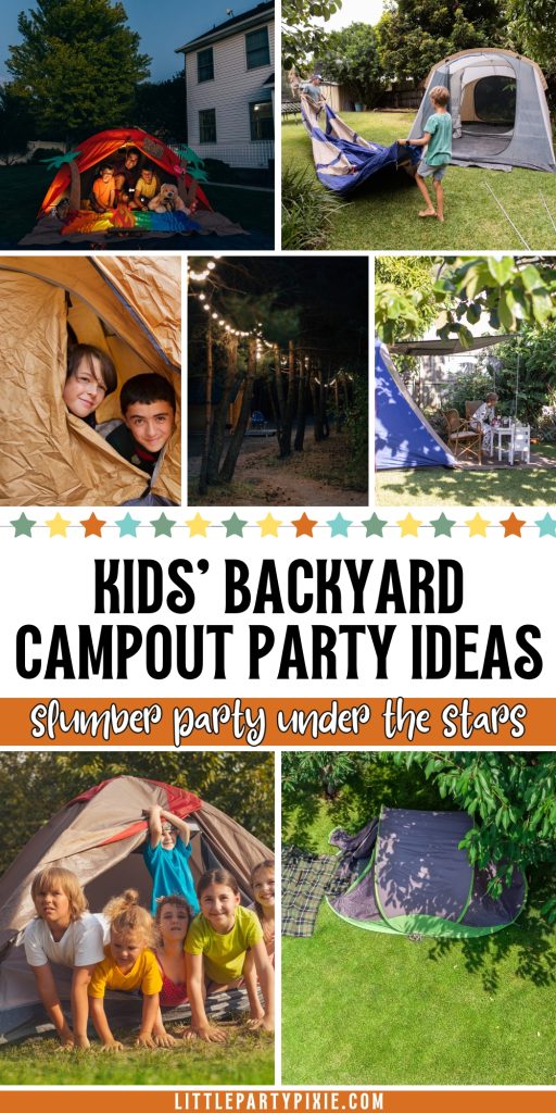 collage of images tents set up in the backyard and fairy lights in the yard demonstrating different looks for a backyard campout party