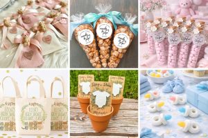 collage of images from etsy that demonstrate products you could buy as baby shower party favor gifts