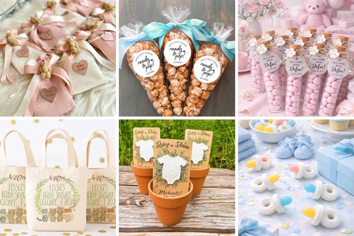 collage of images from etsy that demonstrate products you could buy as baby shower party favor gifts