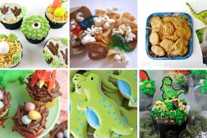 A colorful collage of dino themed party food ideas including decorated cupcakes, dinosaur shaped cookies, party mix snacks, and festive T-rex cake toppers.
