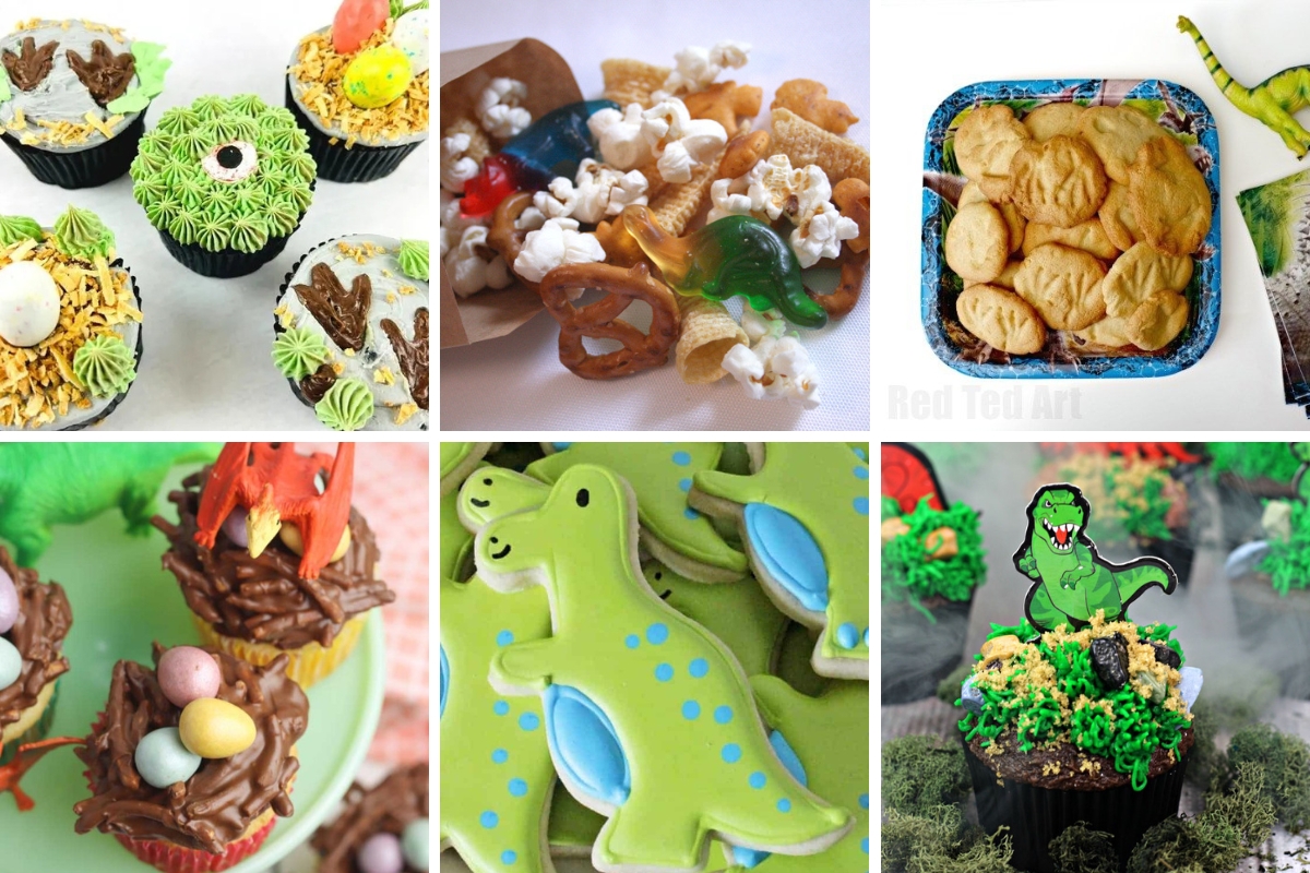 A colorful collage of dino themed party food ideas including decorated cupcakes, dinosaur shaped cookies, party mix snacks, and festive T-rex cake toppers.