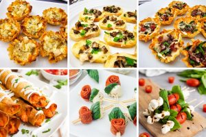A colorful spread of mother's day appetizers including cheesy phyllo cups, mushroom crostini, caprese skewers, and pepperoni rose skewers arranged in a six photo grid.