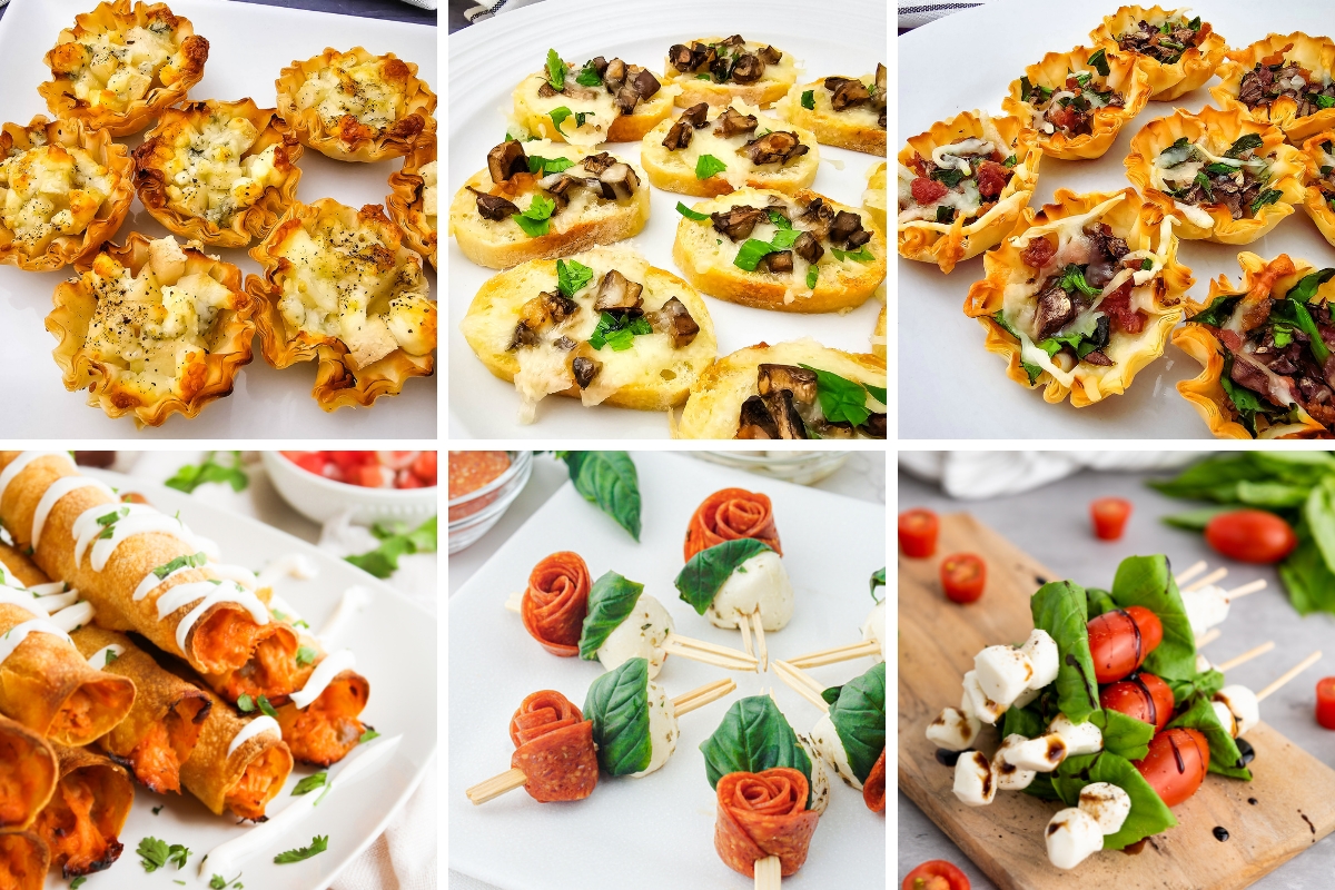 A colorful spread of mother's day appetizers including cheesy phyllo cups, mushroom crostini, caprese skewers, and pepperoni rose skewers arranged in a six photo grid.