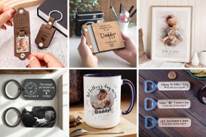colalge of images in a grid representing gift ideas for a new dad on fathers day