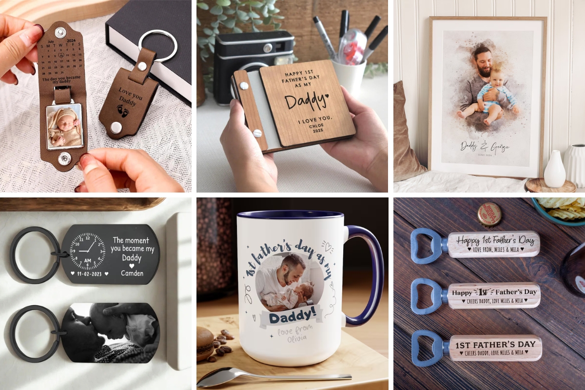 colalge of images in a grid representing gift ideas for a new dad on fathers day