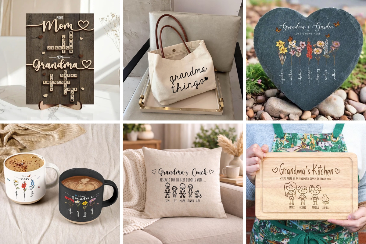 collage of images gift ideas for a grandma from etsy