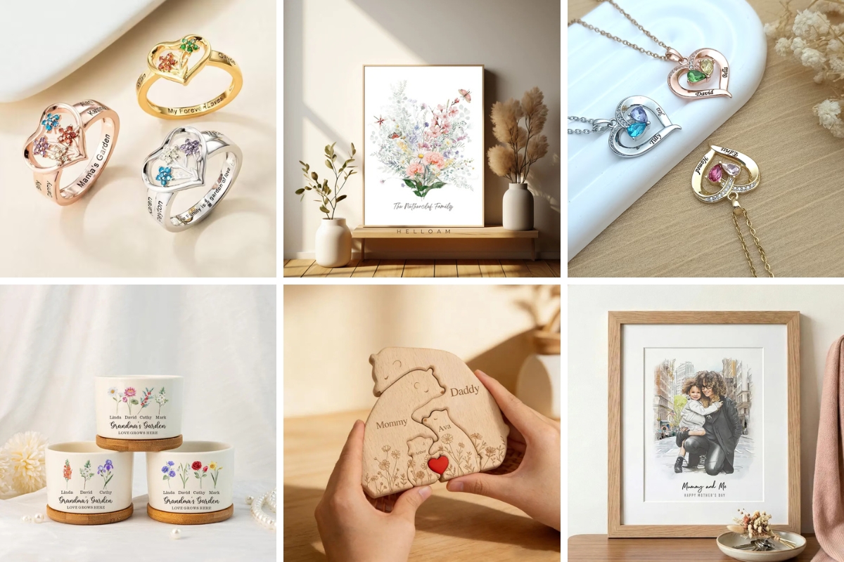 collage of images sentimental and personalized gift ideas for mothers day from etsy