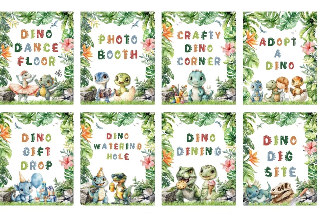 collection of dinosaur party signs
