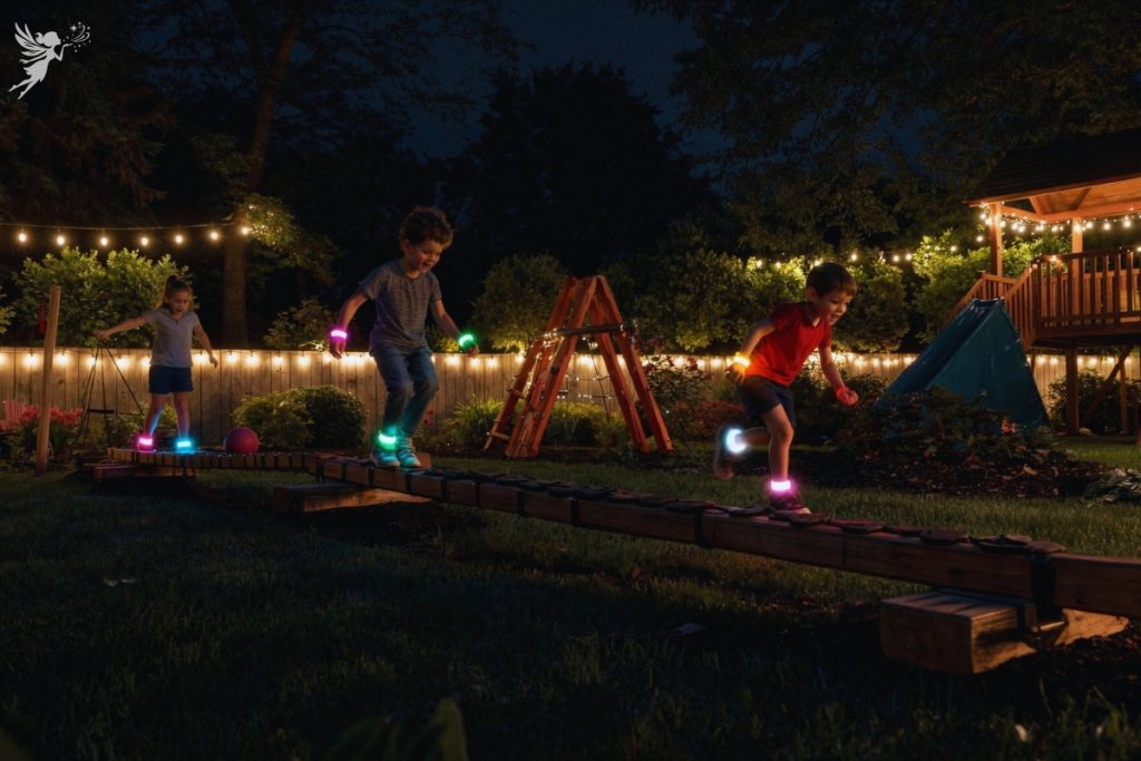 kids on an obstacle course in the dark with glow bands
