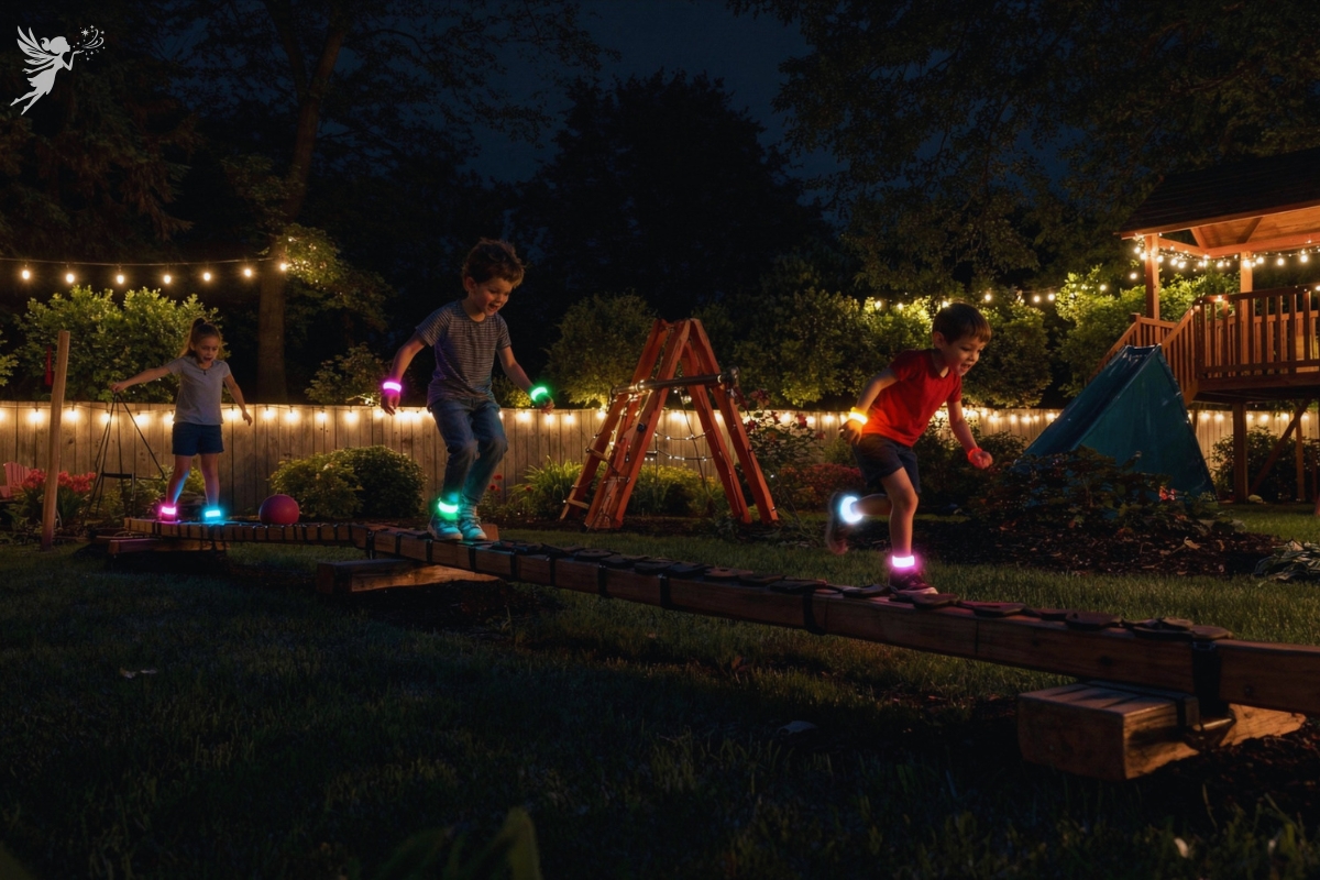 kids on an obstacle course in the dark with glow bands