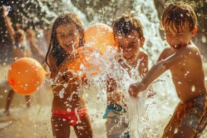 young kids squealing with delight playing in splashing water