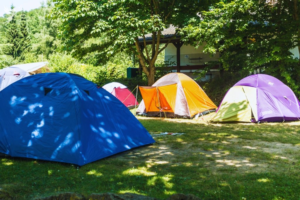 different colored tents set up in a backyard