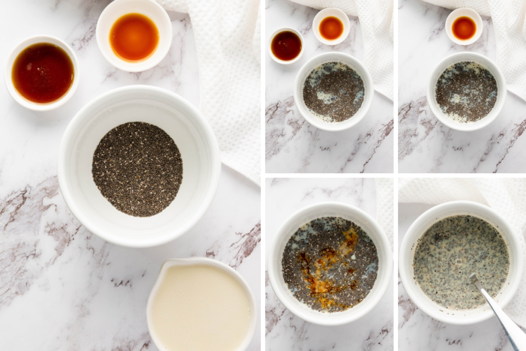 Step by step process of mixing chia seeds with milk, vanilla, and maple syrup to create the base for Blueberry Chia Pudding Cups.