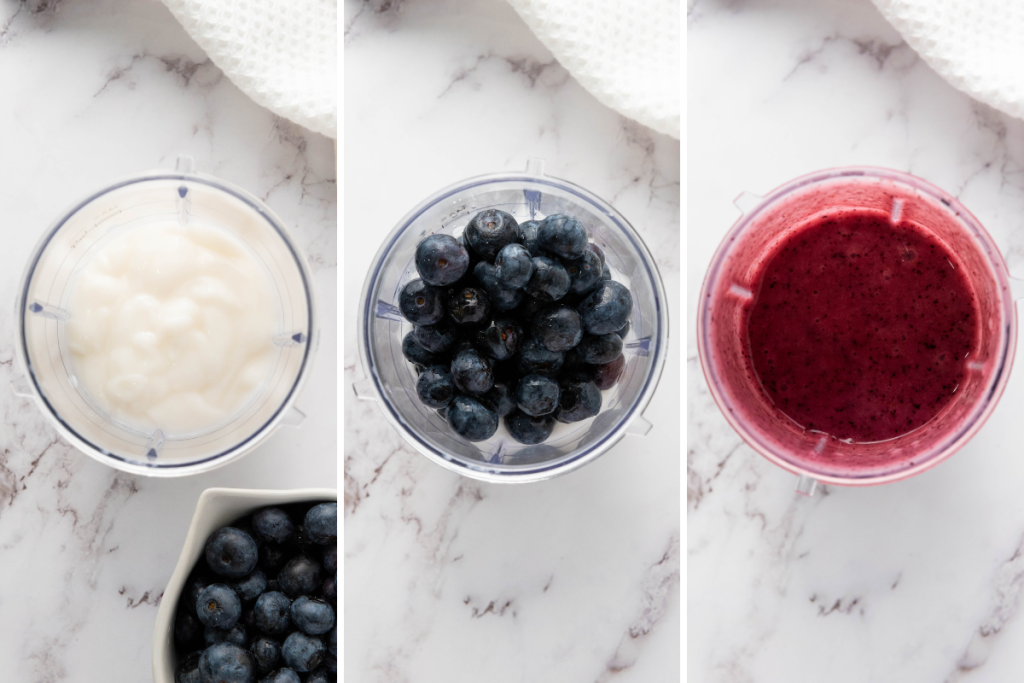 Blending blueberries with creamy yogurt to create a smooth layer for Blueberry Chia Pudding Cups before assembling the final dessert layers.