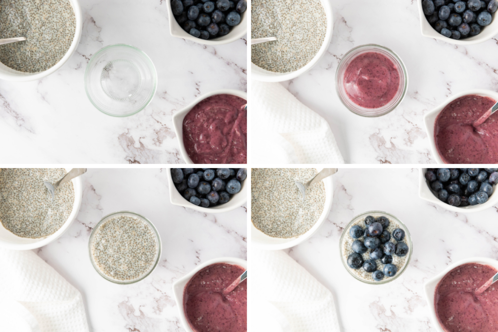 A four-step process showing the assembly of Blueberry Chia Pudding Cups with fruit puree, chia mixture, and fresh berries.