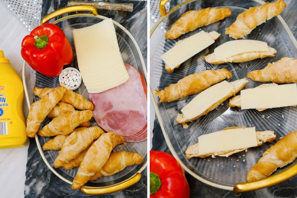 Side by side photos showing the first steps of the crab croissants recipe including all ingredients laid out on a tray and croissants sliced open with cheese strips placed inside each one.
