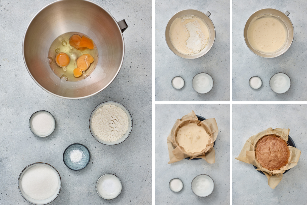 Step-by-step process of making the sponge cake base for red white and blue berry trifles, from beaten eggs to baked golden cake in a parchment-lined pan.