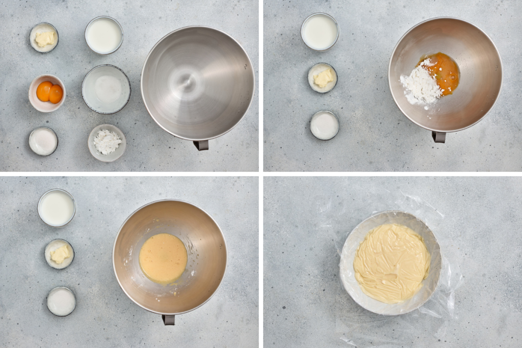 Step-by-step preparation of homemade vanilla pudding for red white and blue berry trifles, finishing with plastic wrap pressed onto the surface to cool.