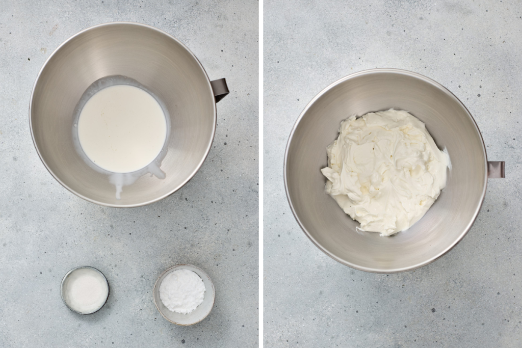 Heavy cream being whipped to stiff peaks in a stand mixer bowl for red white and blue berry trifles