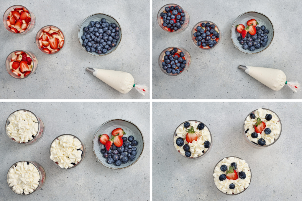 Step-by-step assembly of red white and blue berry trifles showing strawberry and blueberry layers topped with piped whipped cream rosettes in individual glass cups.