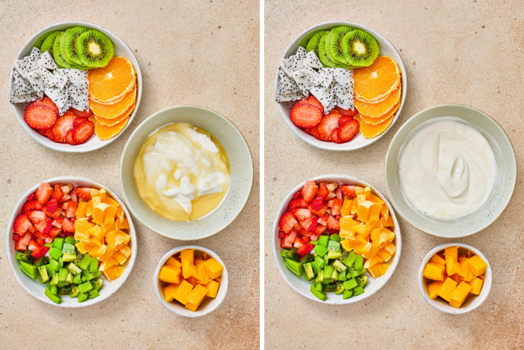 Side by side comparison showing yogurt before and after mixing for tropical fruit parfait cups alongside colorful bowls of fresh sliced and diced tropical fruits.