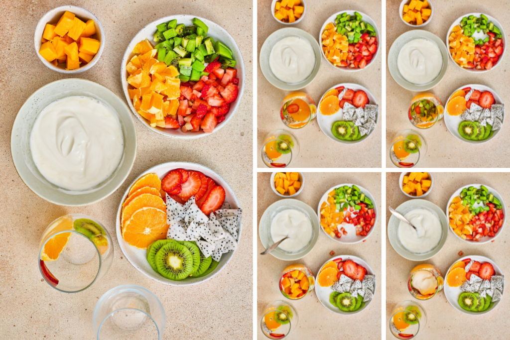 Step by step recipe process images showing how to assemble tropical fruit parfait cups by layering fresh fruit slices and creamy yogurt into clear glasses.