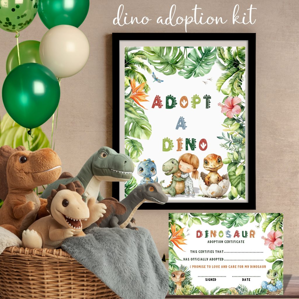 dinosaur adoption kit showing a sign and basket of soft toys with an adoption certificate