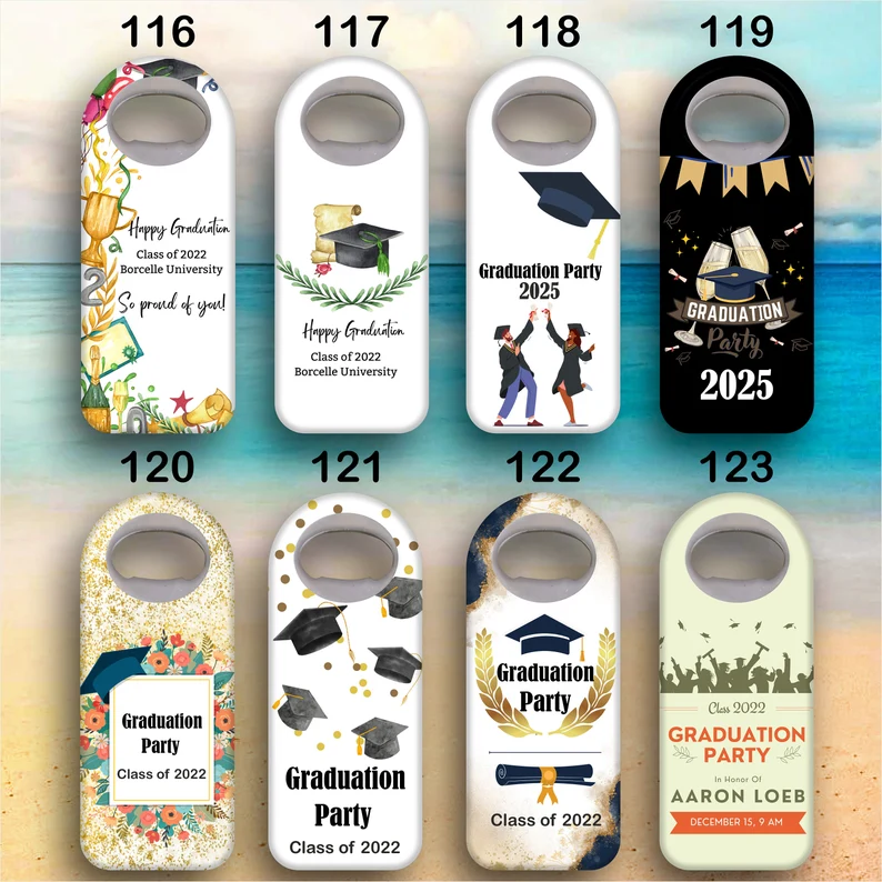 Eight personalized bottle opener magnet designs featuring graduation caps and celebratory graphics in various styles, serving as practical and memorable graduation gifts. Etsy