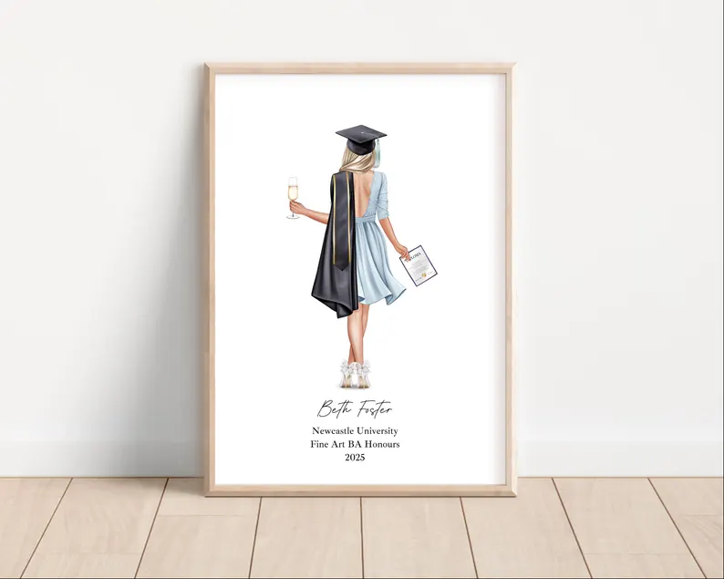 Framed personalized illustration of a female graduate in cap and gown holding champagne and a diploma, among the most stylish graduation gifts. Etsy