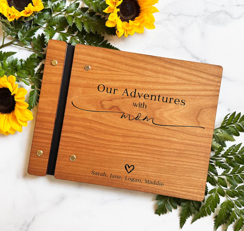 wood covered photo album engraved with our adventures with mom and personalisation mothers day gift idea for keeping memories of experiences on etsy