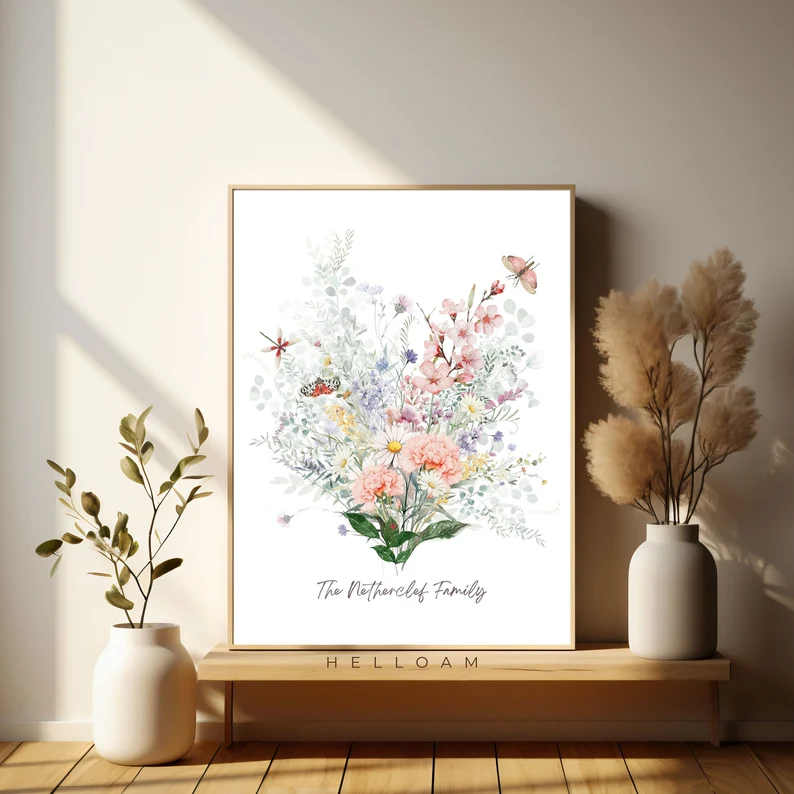 Watercolor birth flower bouquet art with butterflies and family name, personalized mom sentimental gifts on wooden shelf with plants. Etsy