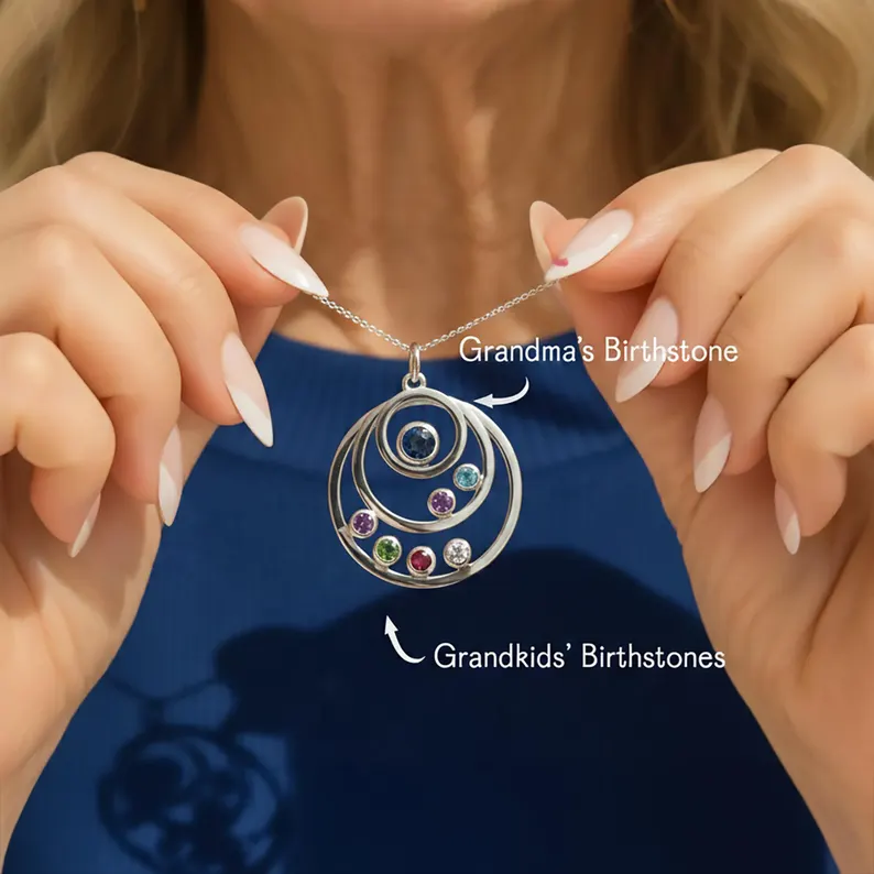 Sterling silver birthstone necklace featuring nested circles with grandmother and grandchildren birthstones, beautiful grandma gifts from grandkids for Mother's Day.