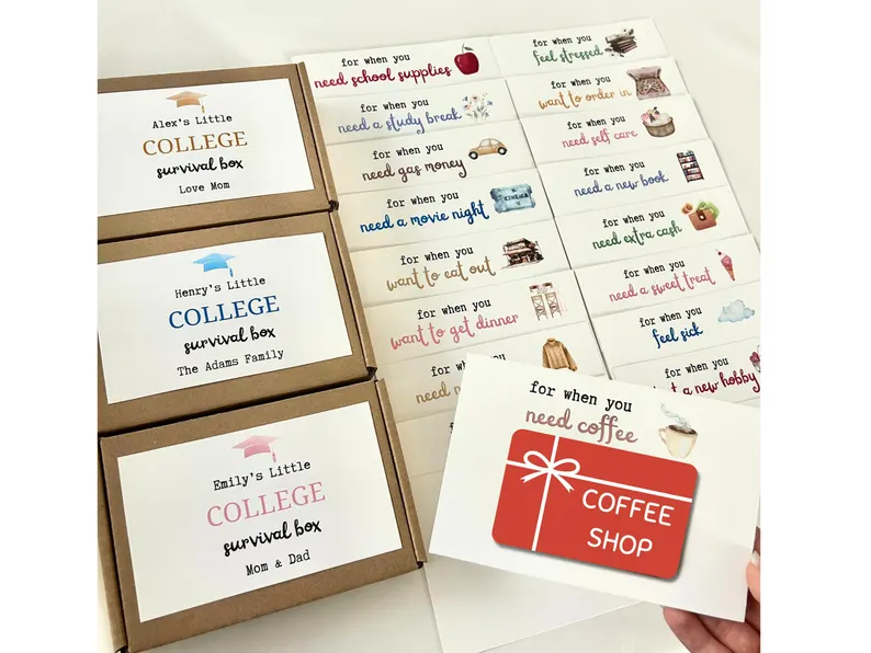 Personalized college survival boxes with themed gift card envelopes for various needs like coffee and study breaks, among the most thoughtful graduation gifts. Etsy