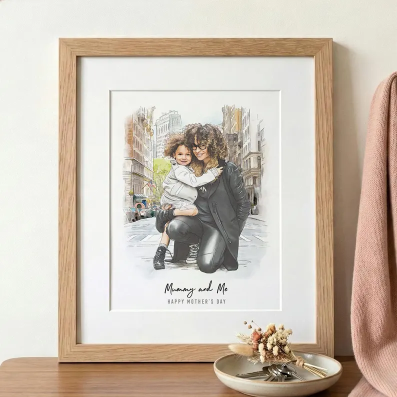 Custom illustrated portrait of mother and child in city setting with sketch effect, heartfelt mom sentimental gifts in wooden frame. Etsy
