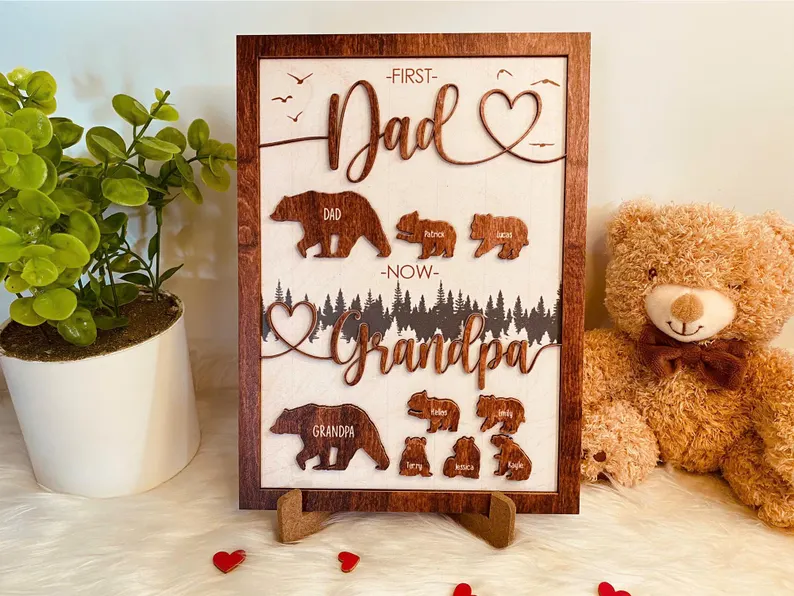 A personalized wooden bear family sign reading "First Dad Now Grandpa" with engraved family names, a heartwarming and unique first Father's Day gift idea for new grandpas. Etsy