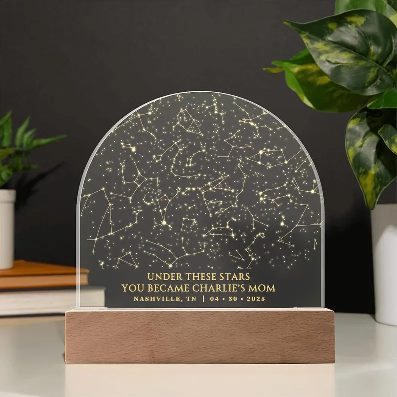 Engraved acrylic star constellation plaque on wooden base commemorating first time motherhood, personalized mom sentimental gifts with golden details. Etsy
