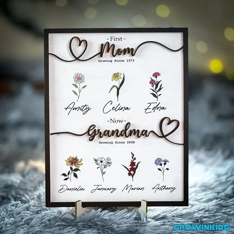 Personalized grandma gifts from grandkids featuring framed flower print with birth flowers and family names celebrating mom to grandma journey.