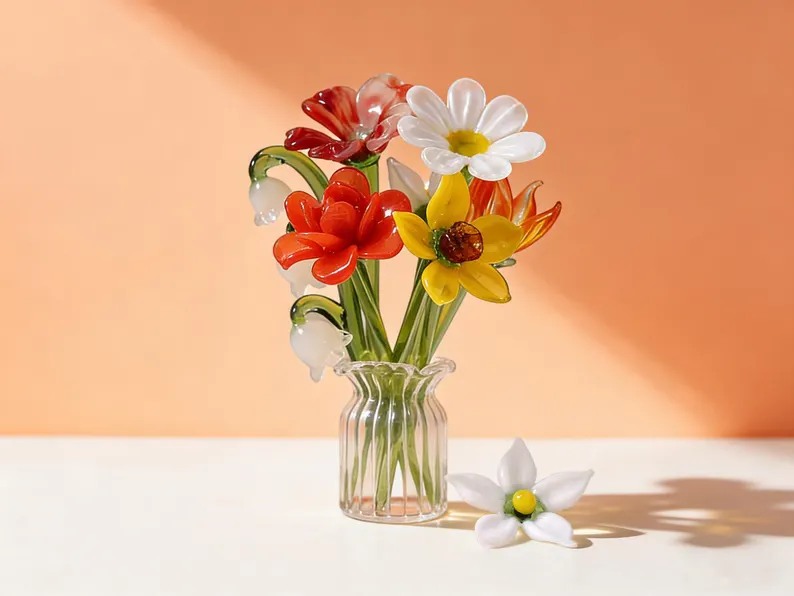 Handcrafted glass birth month flowers in clear vase with colorful blooms, delicate mom sentimental gifts displayed on white surface. Etsy