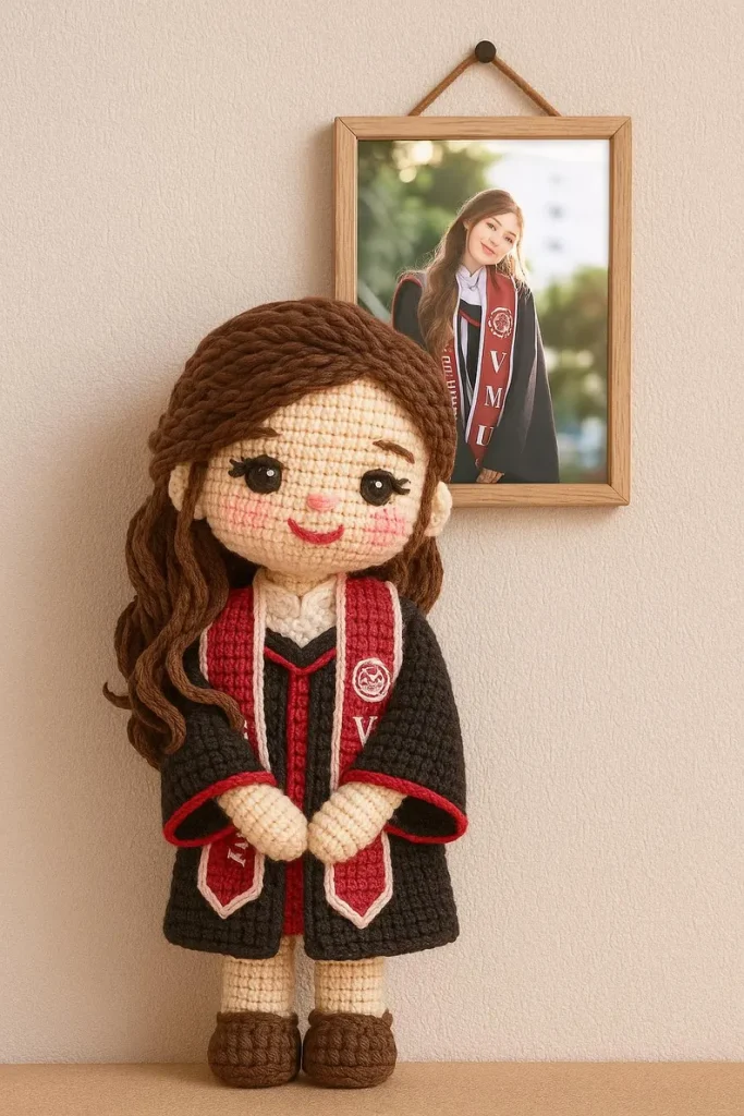 A handcrafted crochet doll wearing a graduation gown displayed beside a matching photo of the real graduate, making these custom dolls truly memorable graduation gifts for her. Etsy
