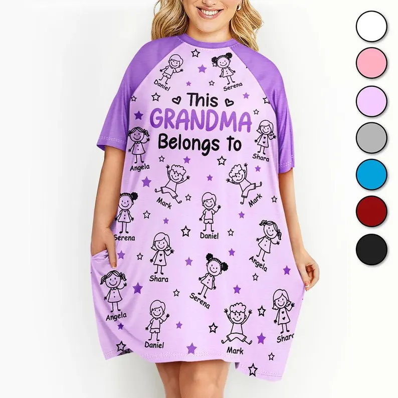 Purple nightgown featuring This Grandma Belongs To text with stick figure grandchildren and personalized names, comfortable grandma gifts from grandkids sleepwear.