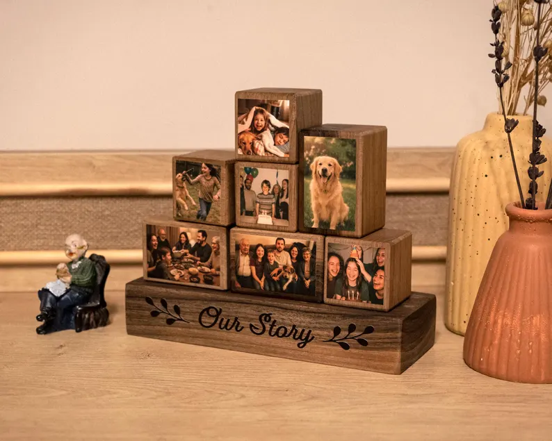 Wooden photo block display with family pictures arranged on base engraved Our Story, charming mom sentimental gifts for shelf decor. Etsy