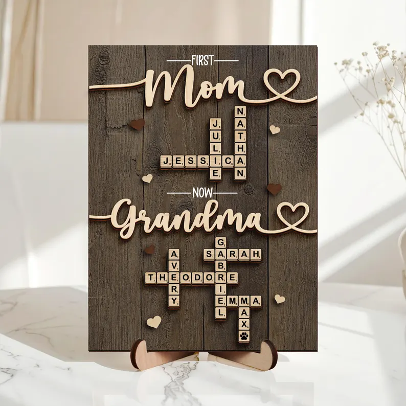 Rustic wooden scrabble board displaying family names as thoughtful grandma gifts from grandkids showing mom's evolution to grandmother with hearts.