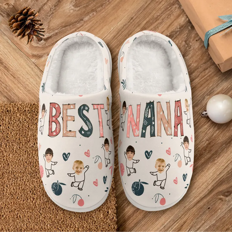 White fuzzy slippers with Best Nana text and custom grandchildren photo faces with hearts pattern, cozy grandma gifts from grandkids footwear.