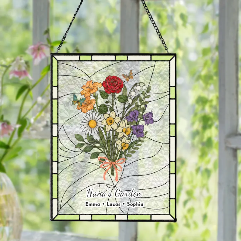 Stained glass style window hanging featuring colorful birth flowers and grandchildren names, beautiful mom sentimental gifts garden decoration. Etsy