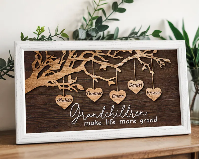White framed family tree wall art with hanging heart name tags perfect grandma gifts from grandkids reading grandchildren make life grand.
