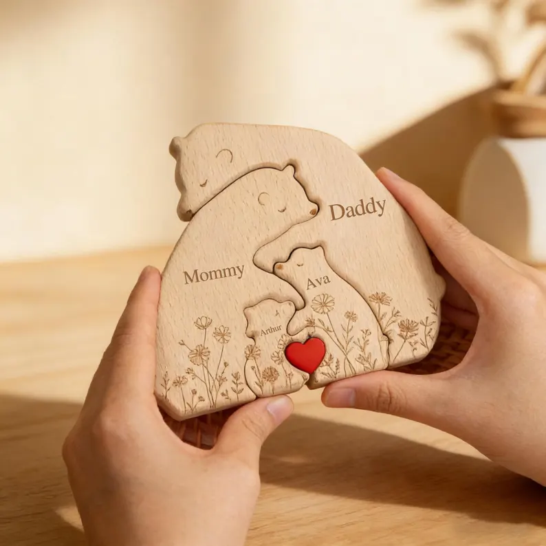 Wooden bear family puzzle piece with engraved names and floral details held in hands, adorable mom sentimental gifts keepsake. Etsy