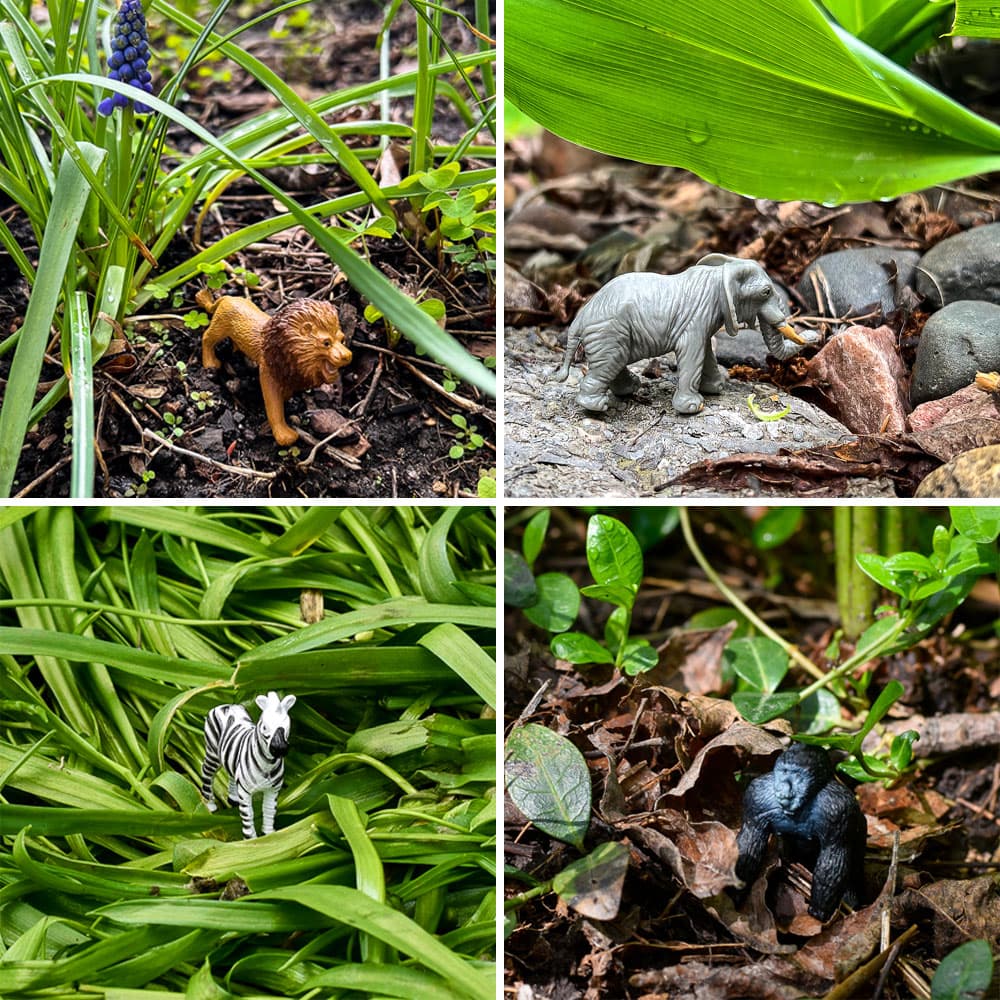 Hidden plastic safari animals including a lion, elephant, zebra, and gorilla for a backyard safari party activity
