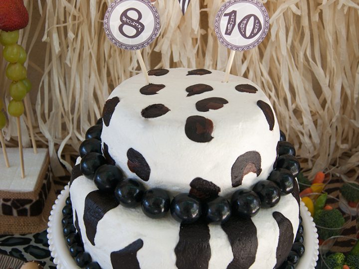 Two-tier animal print safari cake with zebra and leopard patterns, a fun safari animal party food idea