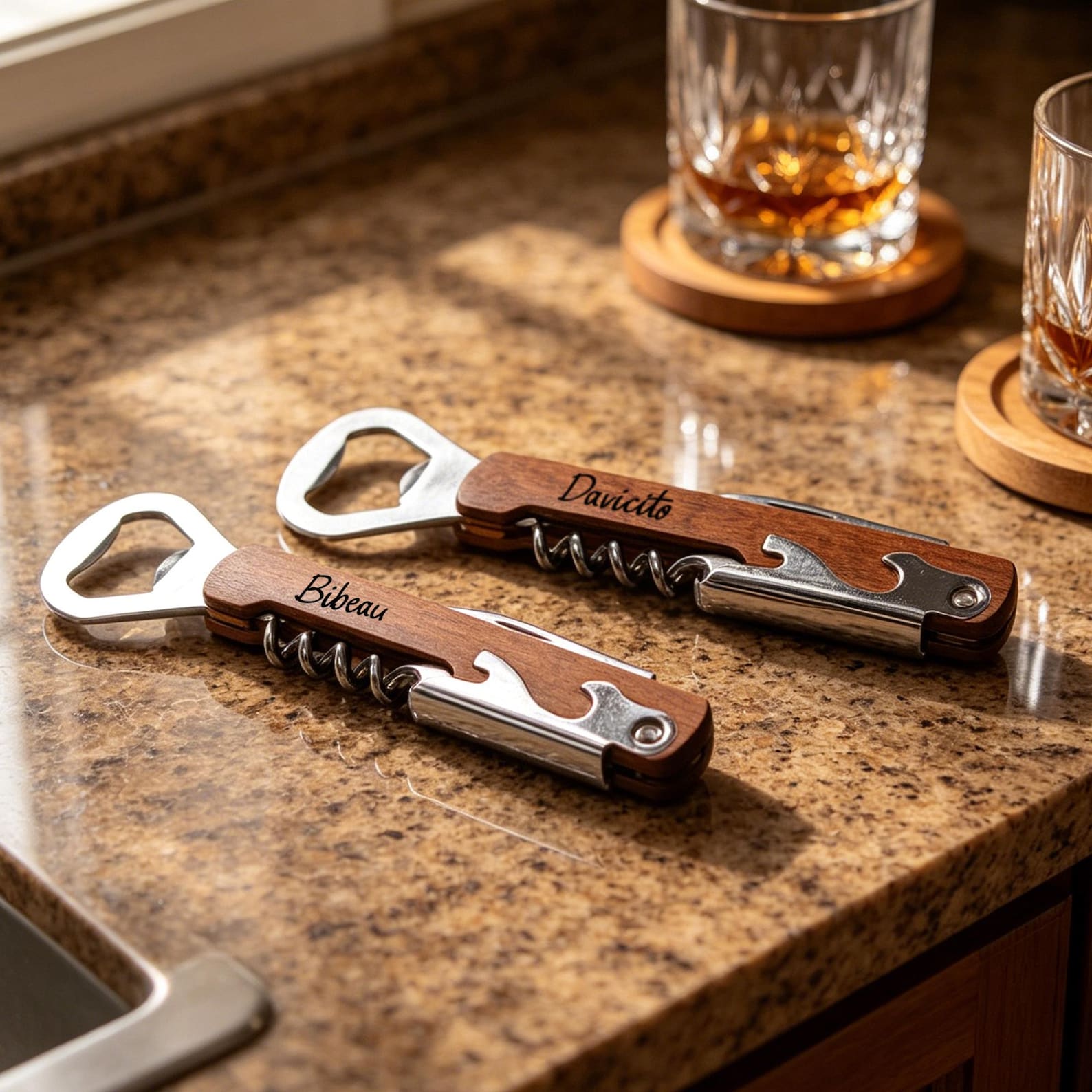 Custom engraved wooden corkscrew bottle openers displayed on a granite countertop โ perfect personalized 4th of July hostess gift ideas for entertaining.